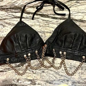 *Biker chick style* REAL LEATHER BLACK BIKINI TOP WITH CHAINS
